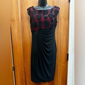 Connected Apparel Black Dress with Red Floral Overlay